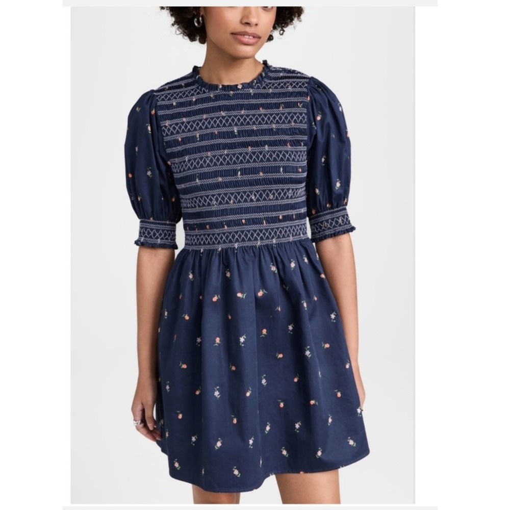 Hill House Home Dress Sml Navy Floral Smocked Vivi Nap Dress Puff Sleeve Cottage